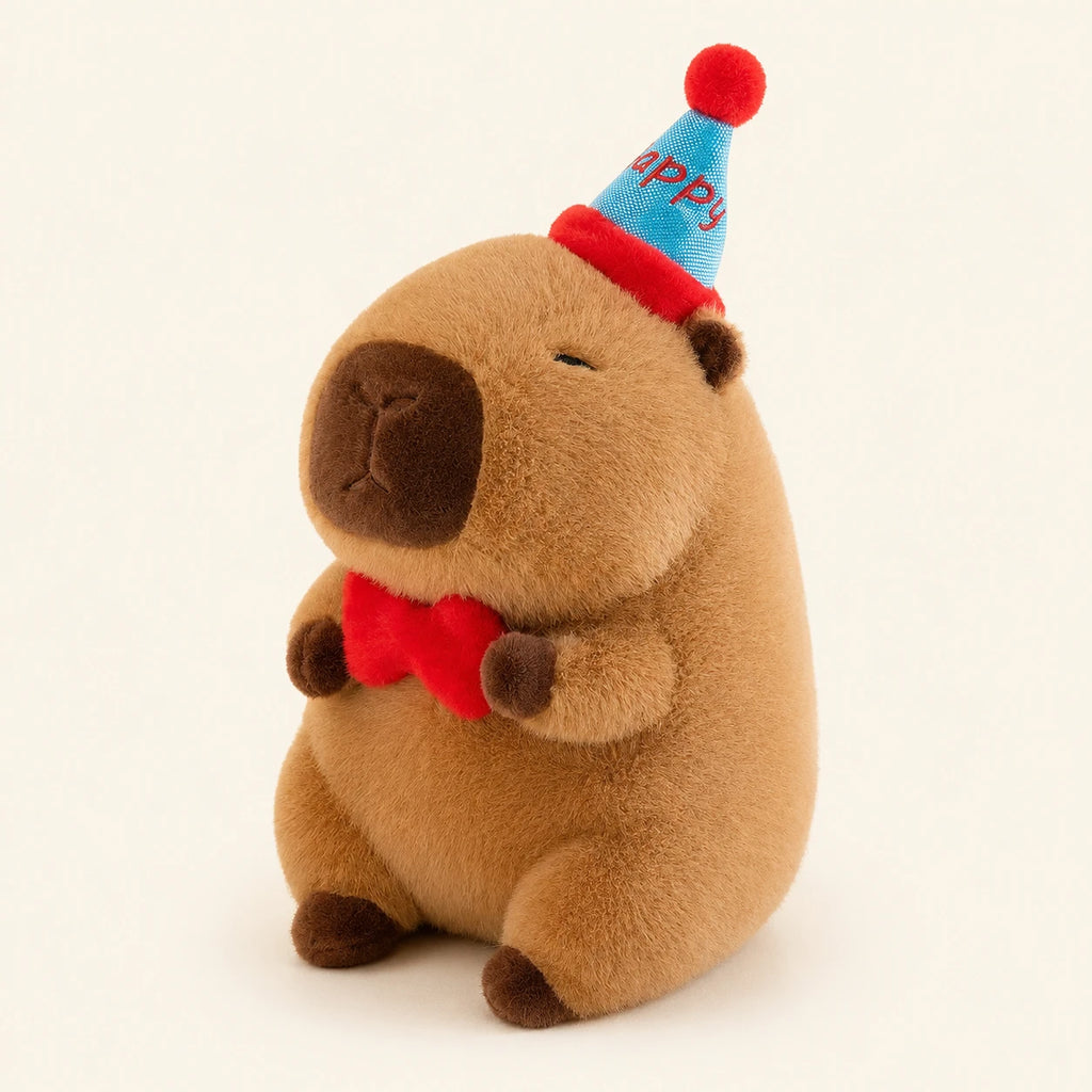 Peluche capybara avec chapeau d'anniversaire et nœud rouge, vue de face