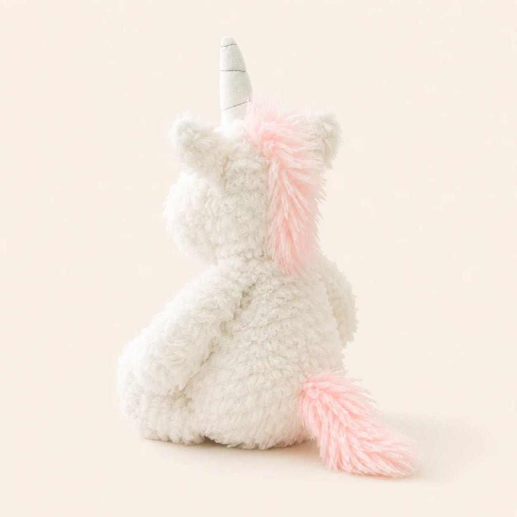 Peluche licorne blanche vue de dos, crinière et queue roses