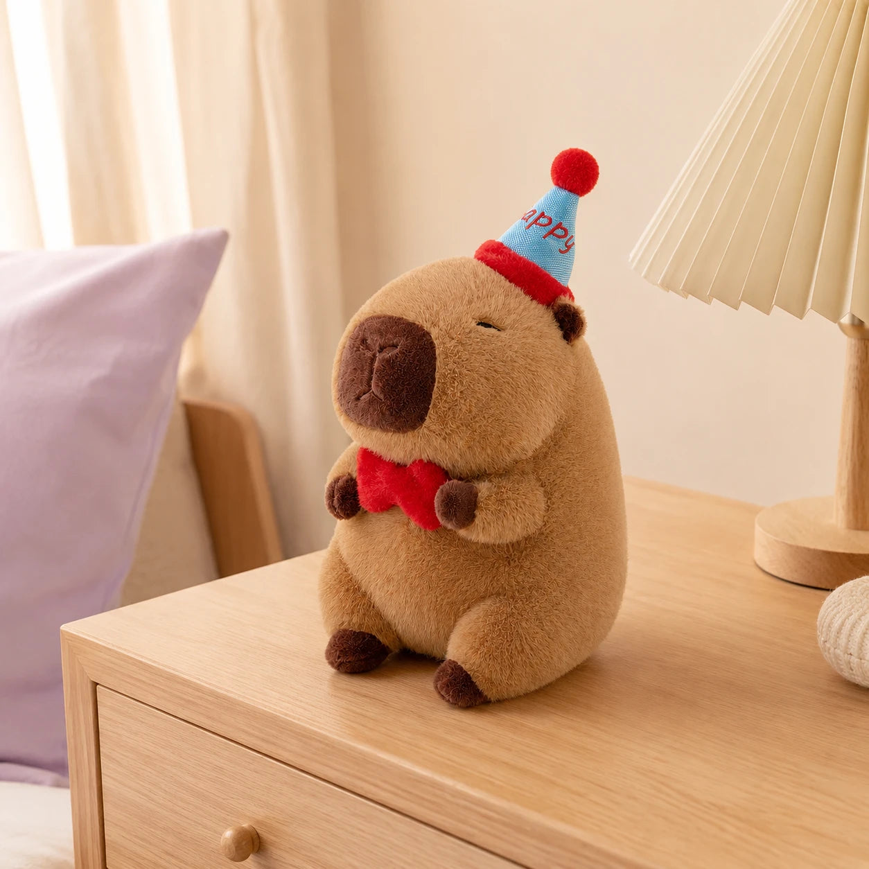 Peluche capybara posée sur une commode dans une chambre douce