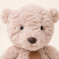 Gros plan sur le visage et l'étiquette de la peluche ours