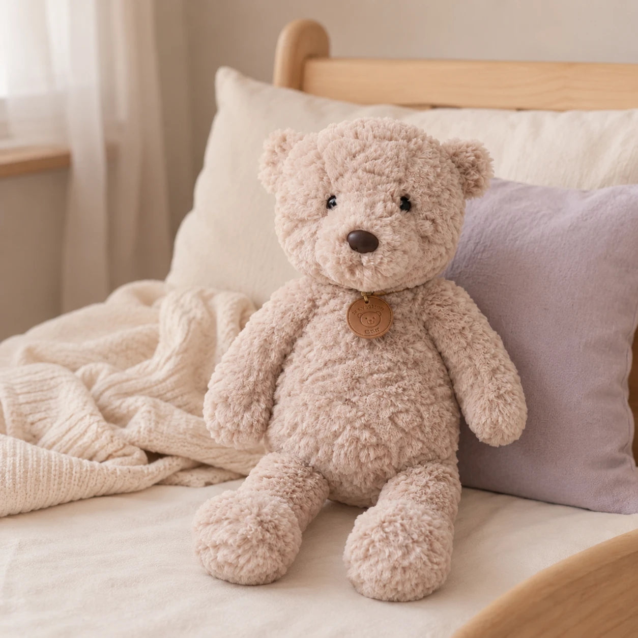 Peluche ours brun posée sur un lit douillet dans une chambre chaleureuse