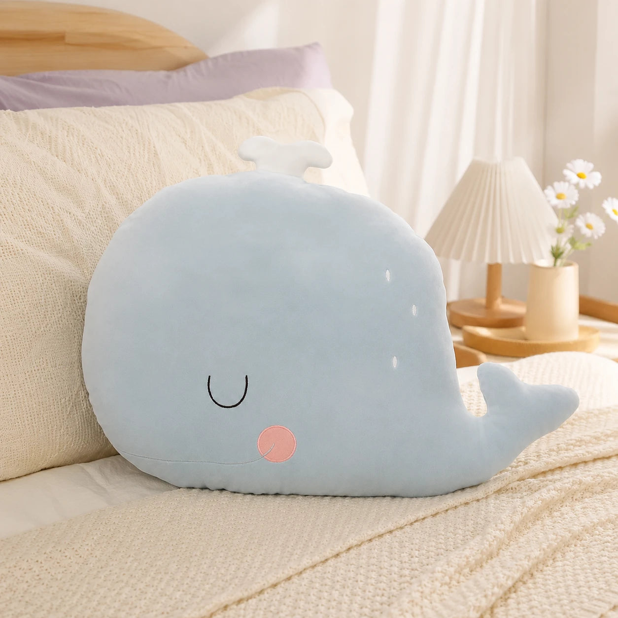 Coussin peluche baleine posé sur un lit