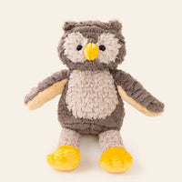 Peluche hibou gris et crème, vue de face sur fond ivoire