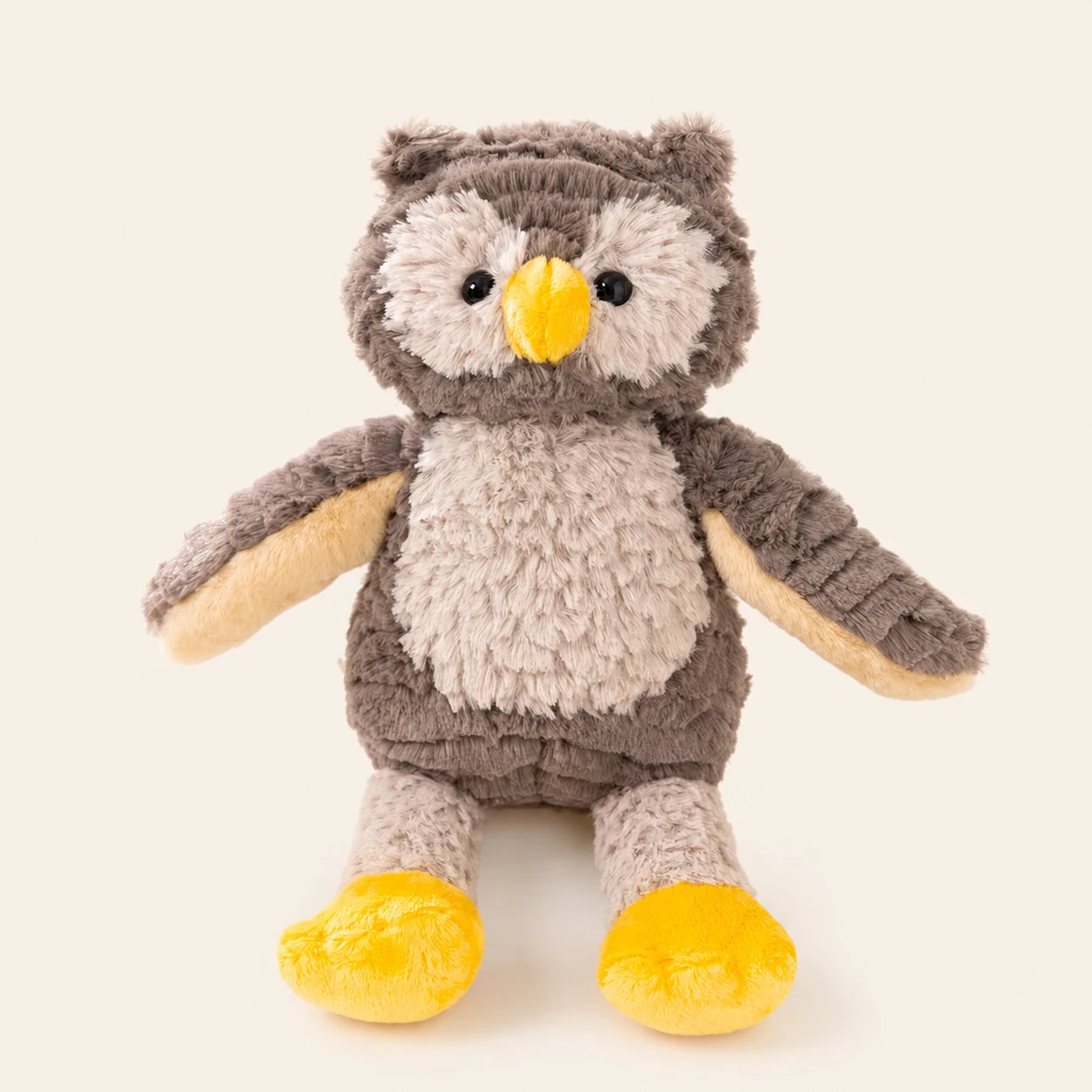 Peluche hibou gris et crème, vue de face sur fond ivoire