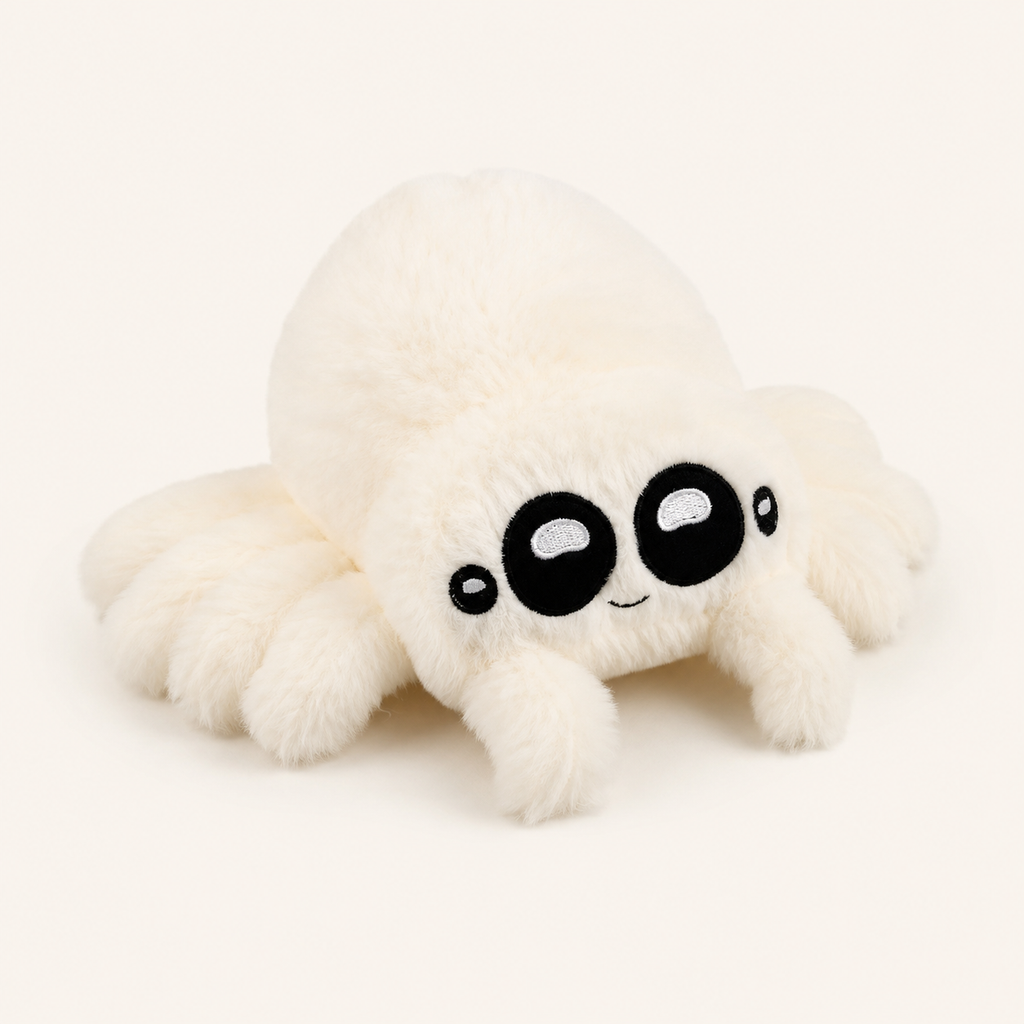 Peluche araignée blanche aux grands yeux, vue principale sur fond ivoire