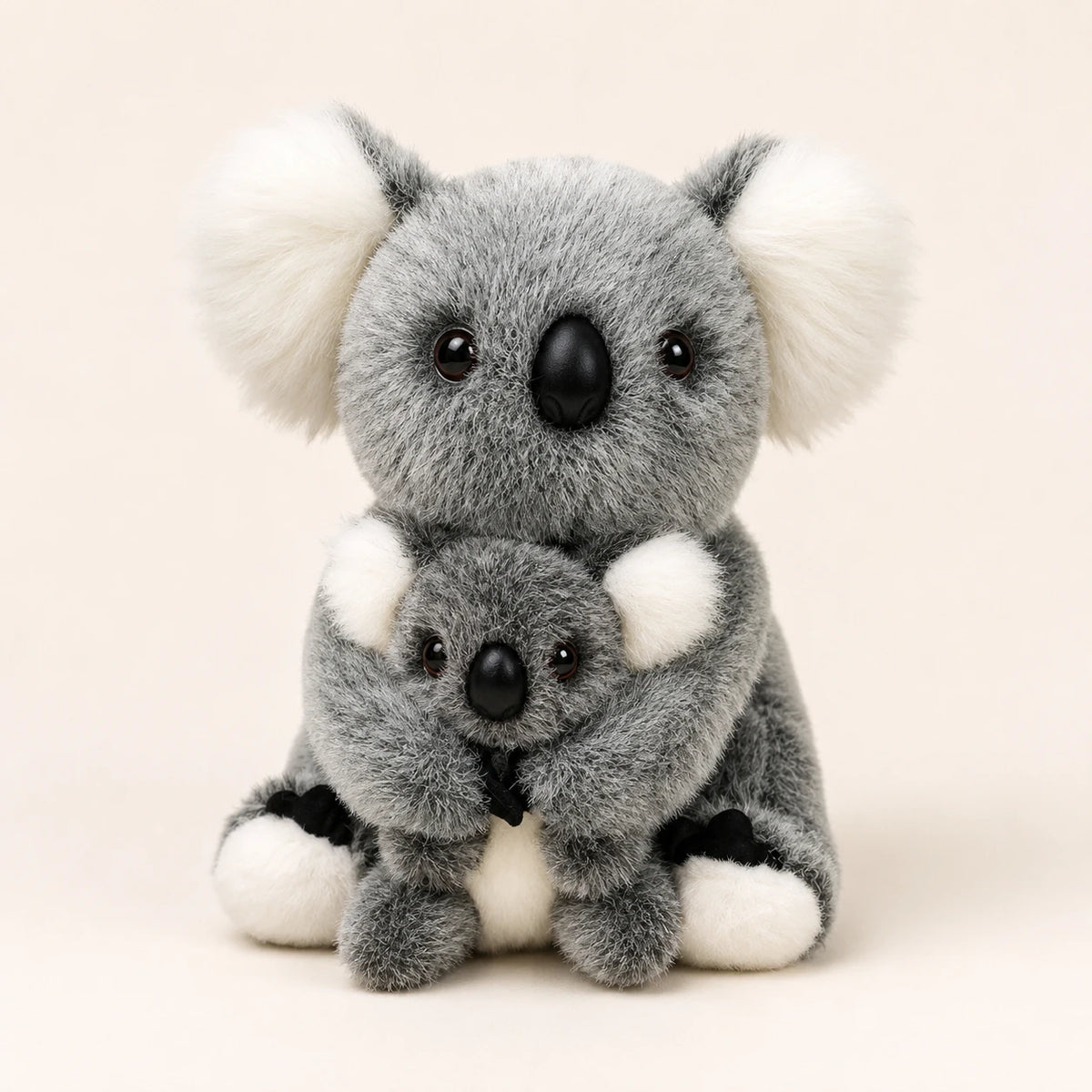 Peluche koala grise avec bébé, vue principale sur fond ivoire