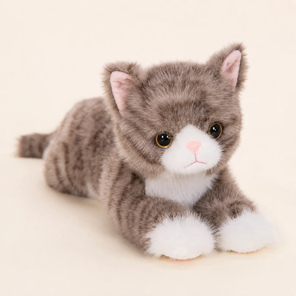 Peluche chat realiste chaton gris tigre, vue principale sur fond ivoire