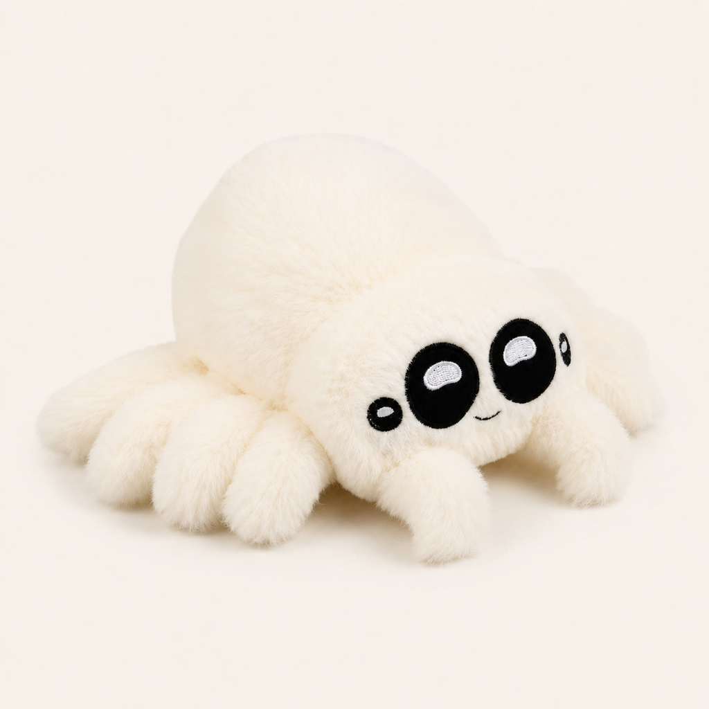 Peluche araignée blanche, autre angle, fond ivoire