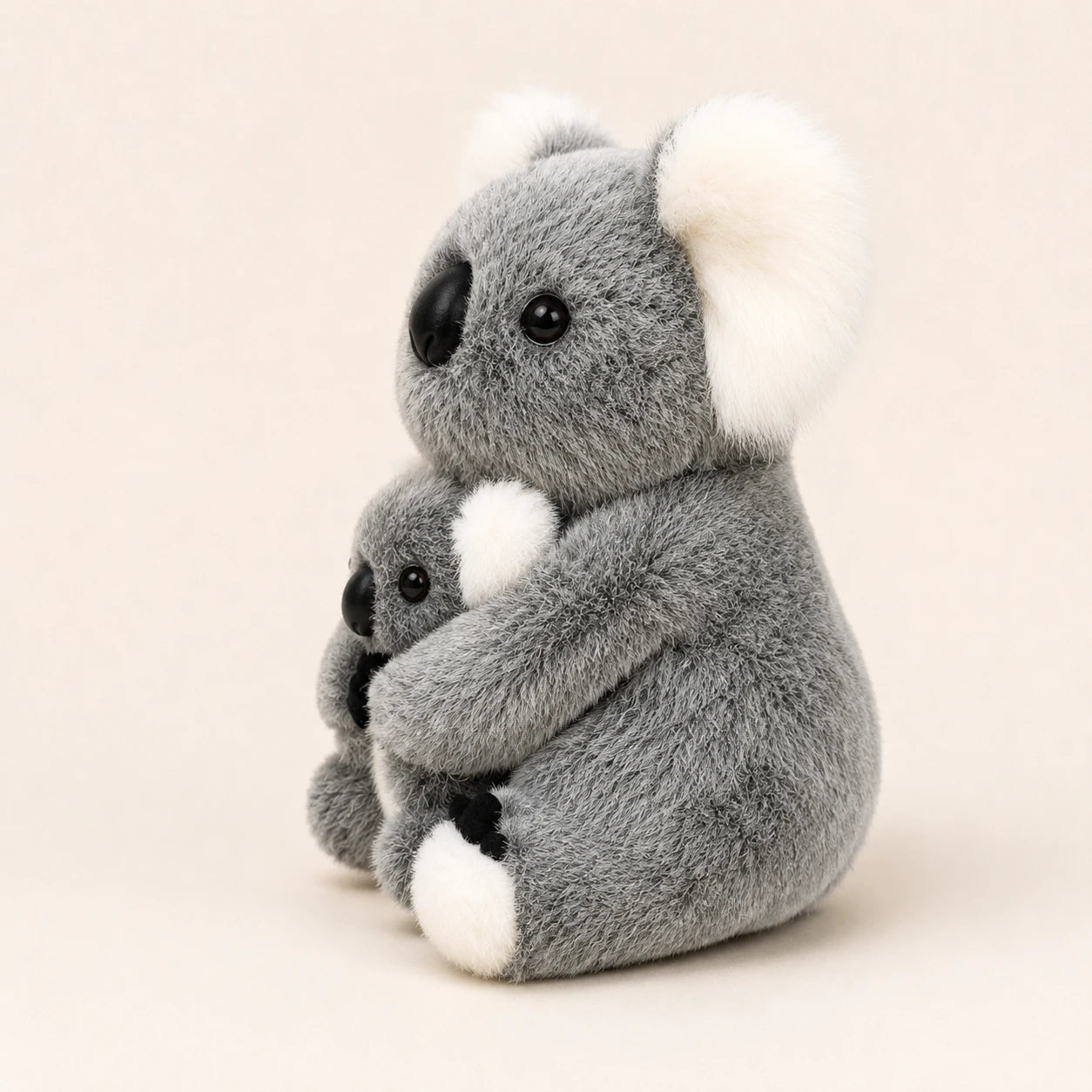 Peluche koala grise avec bébé vue de trois-quarts sur fond ivoire