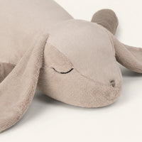 Grande peluche lapin gris, gros plan sur le visage et la texture