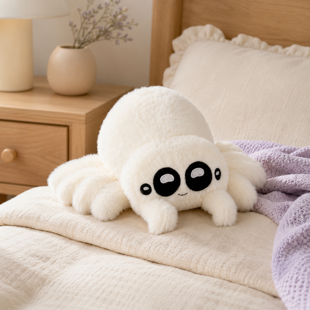 Peluche araignée blanche en situation sur un lit cosy