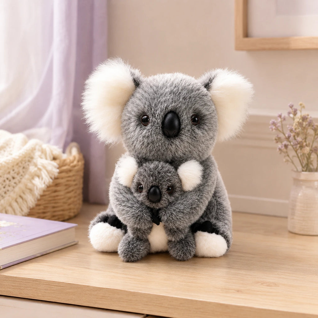 Peluche koala grise avec bébé posée sur un bureau, ambiance chaleureuse