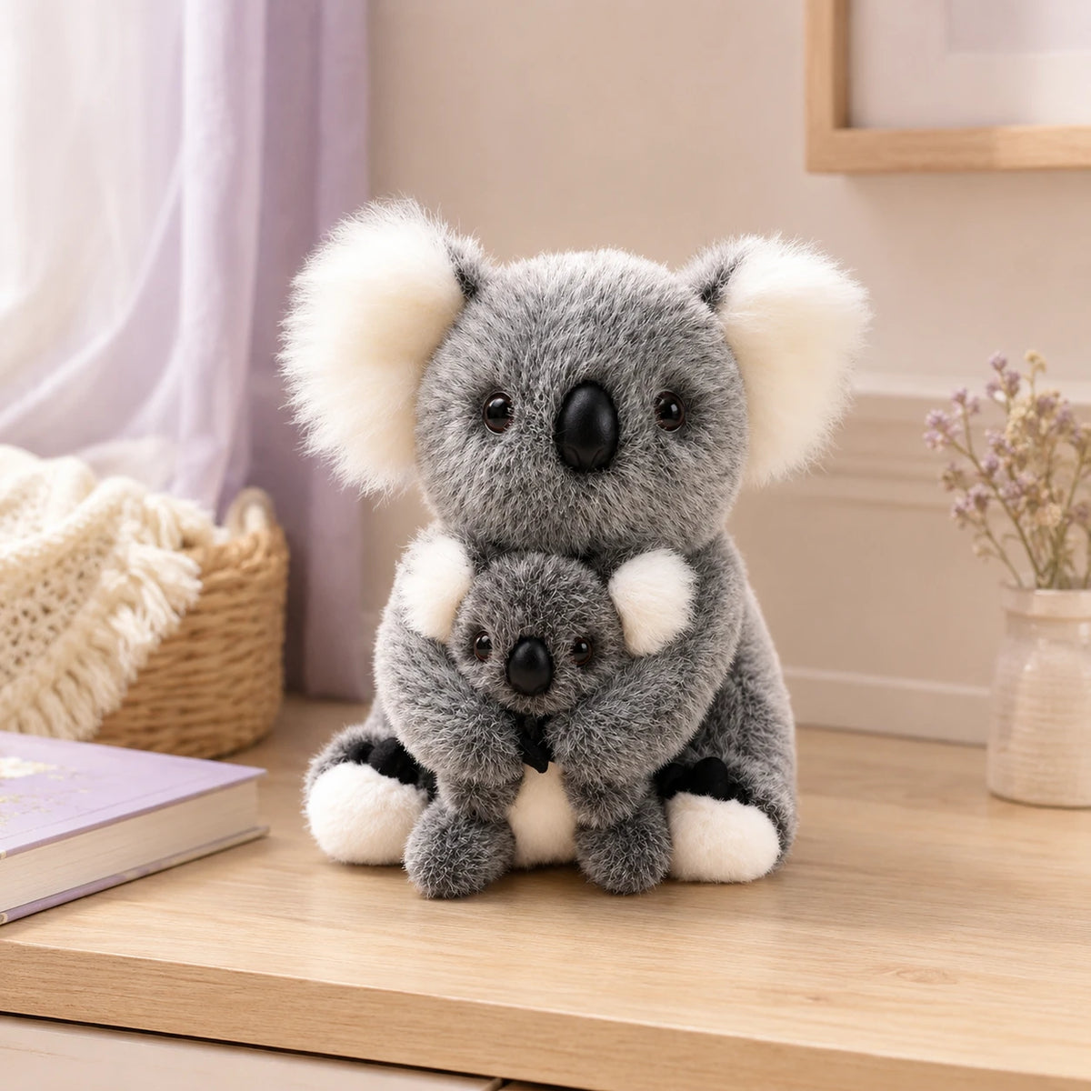 Peluche koala grise avec bébé posée sur un bureau, ambiance chaleureuse