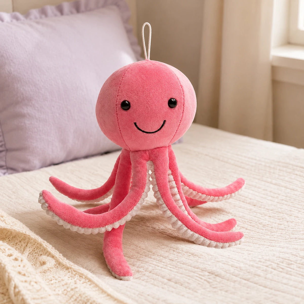 Peluche pieuvre rose posée sur un lit douillet