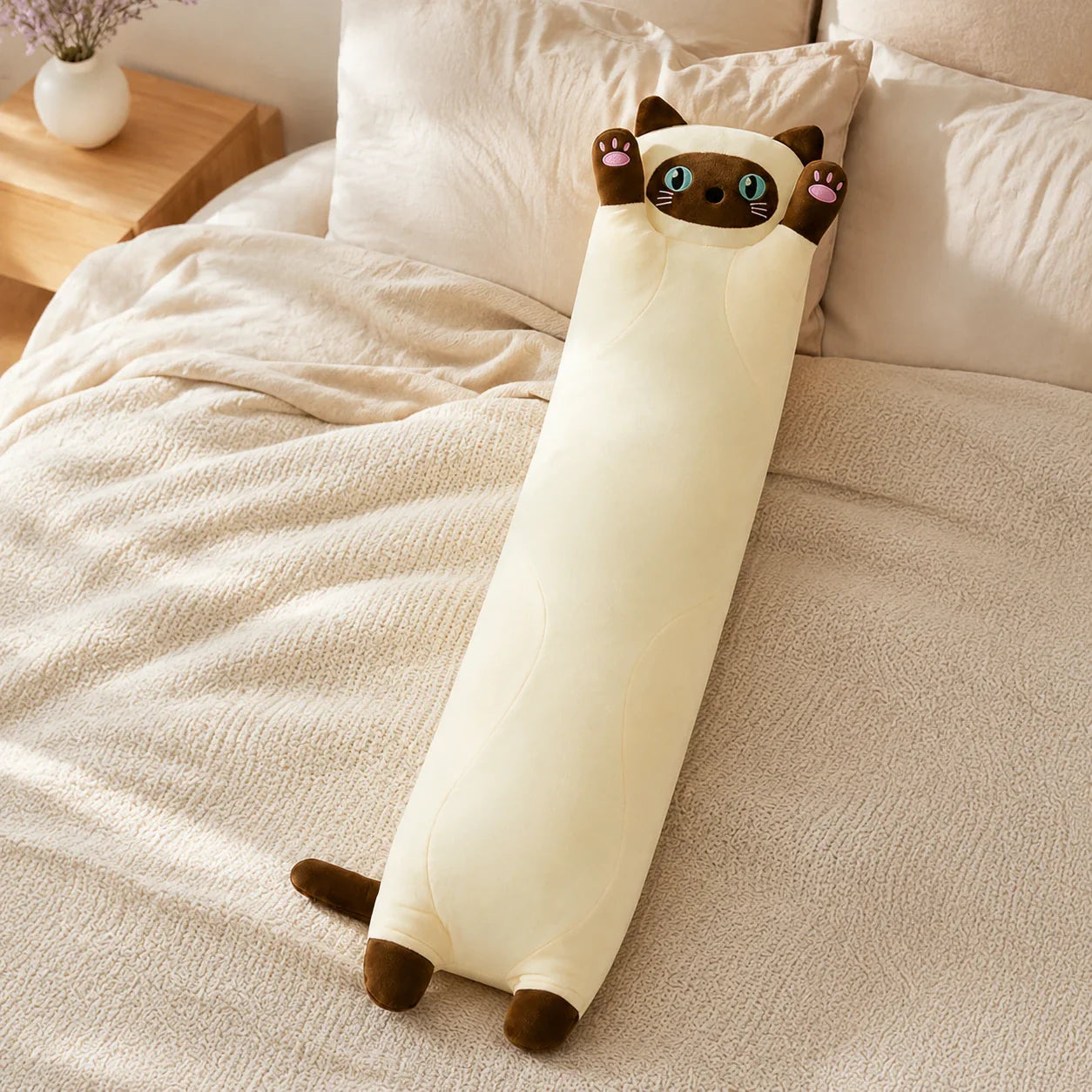 Coussin peluche chat jaune en situation