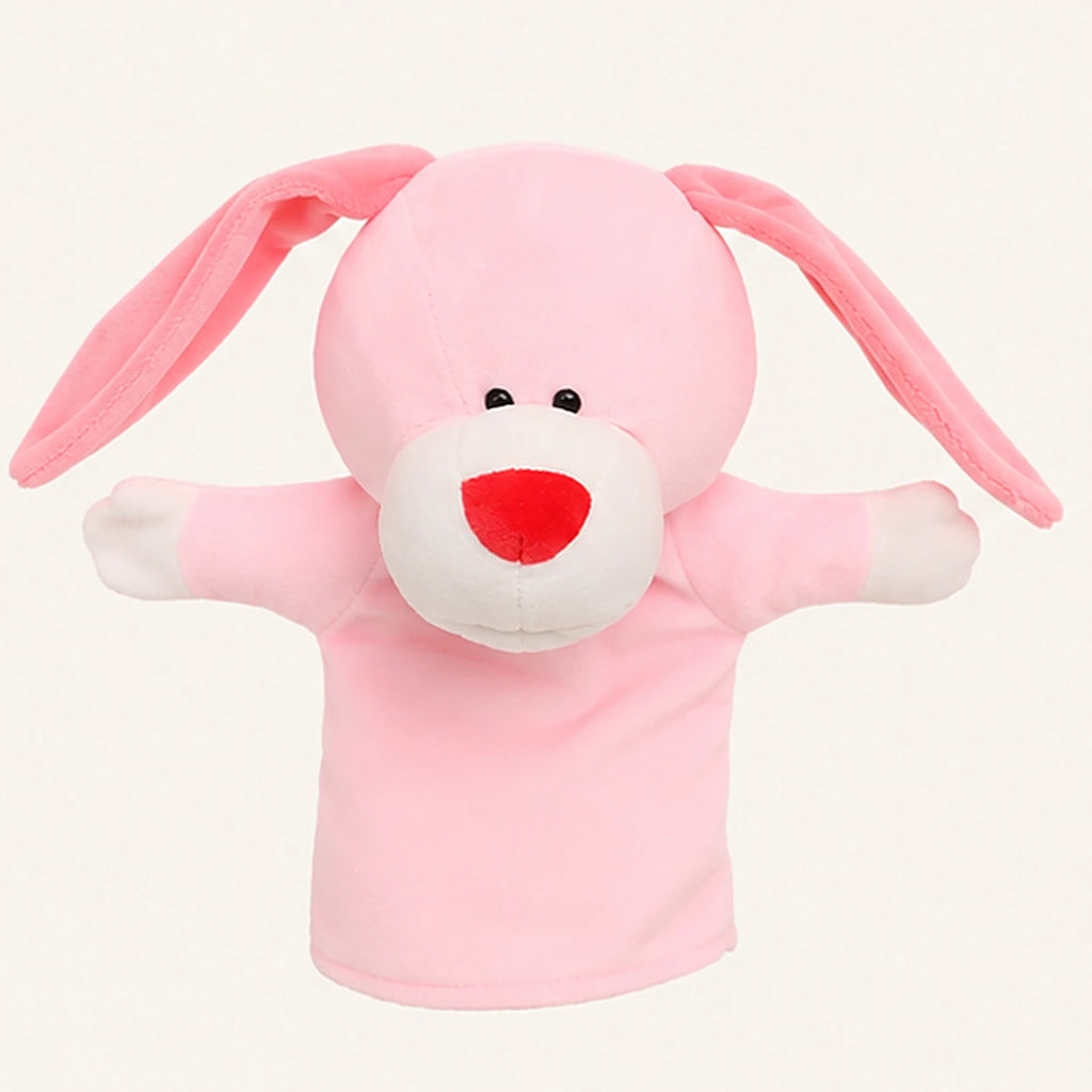 Marionnette lapin rose en peluche - vue de face