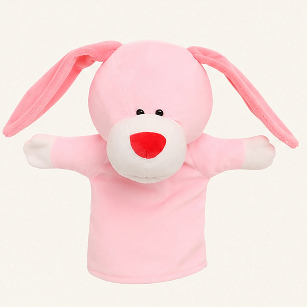 Marionnette lapin rose en peluche - vue de face