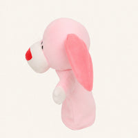 Marionnette lapin rose en peluche - vue de profil