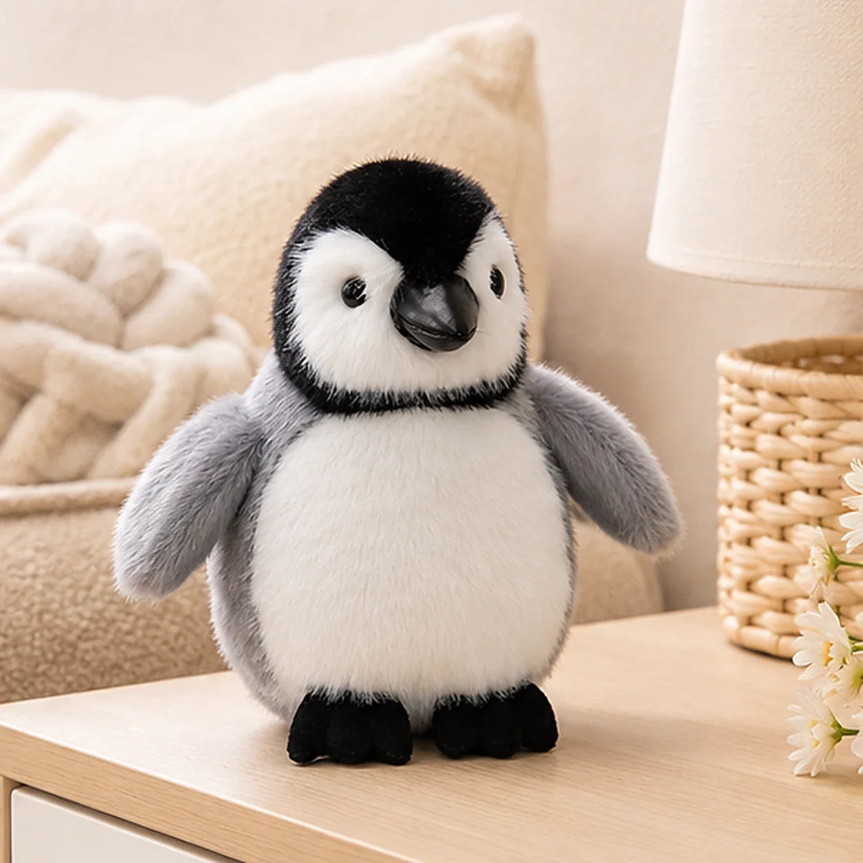 Peluche pingouin gris en situation
