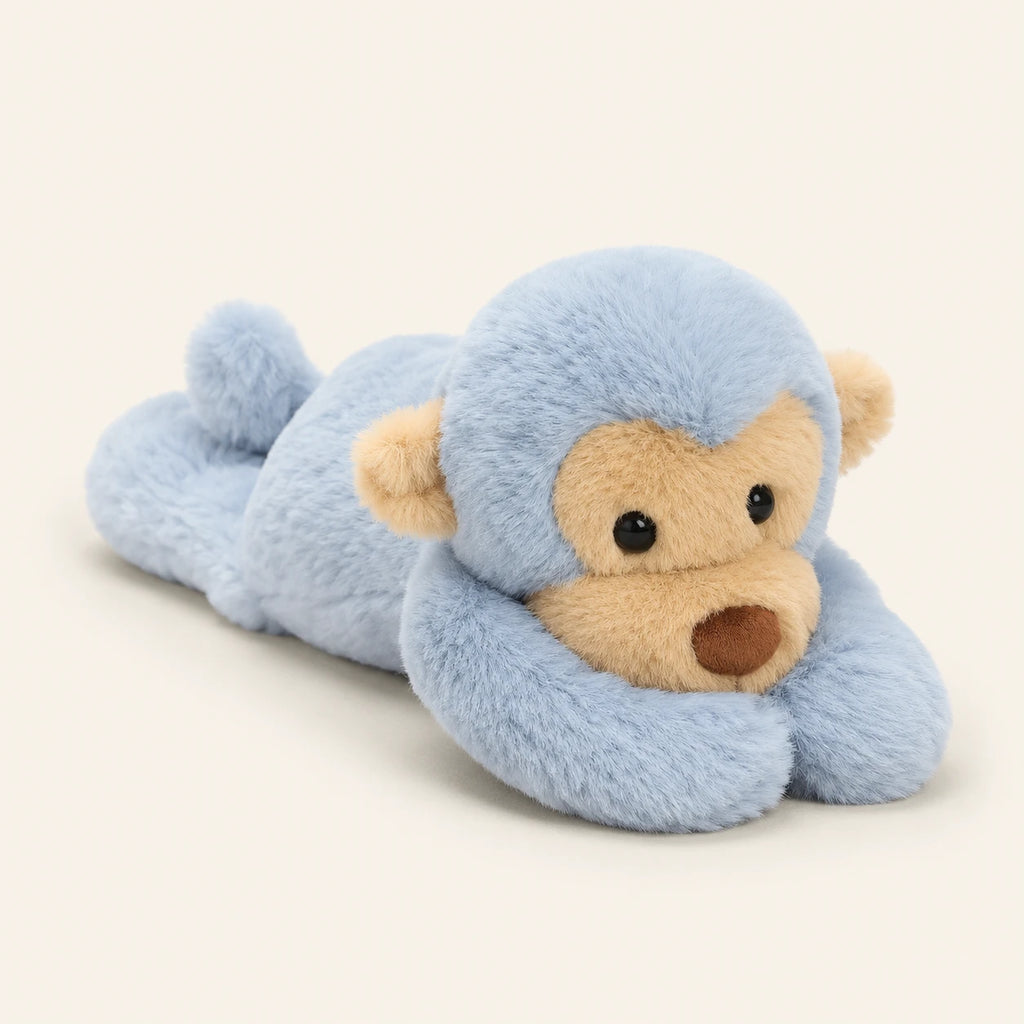 Peluche singe bleue 40 cm couchee, vue principale sur fond ivoire