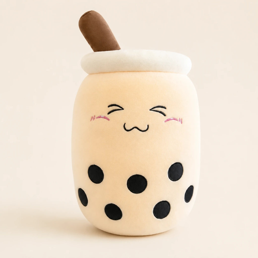 Peluche coussin bubble tea boba beige 24 cm, vue principale sur fond ivoire