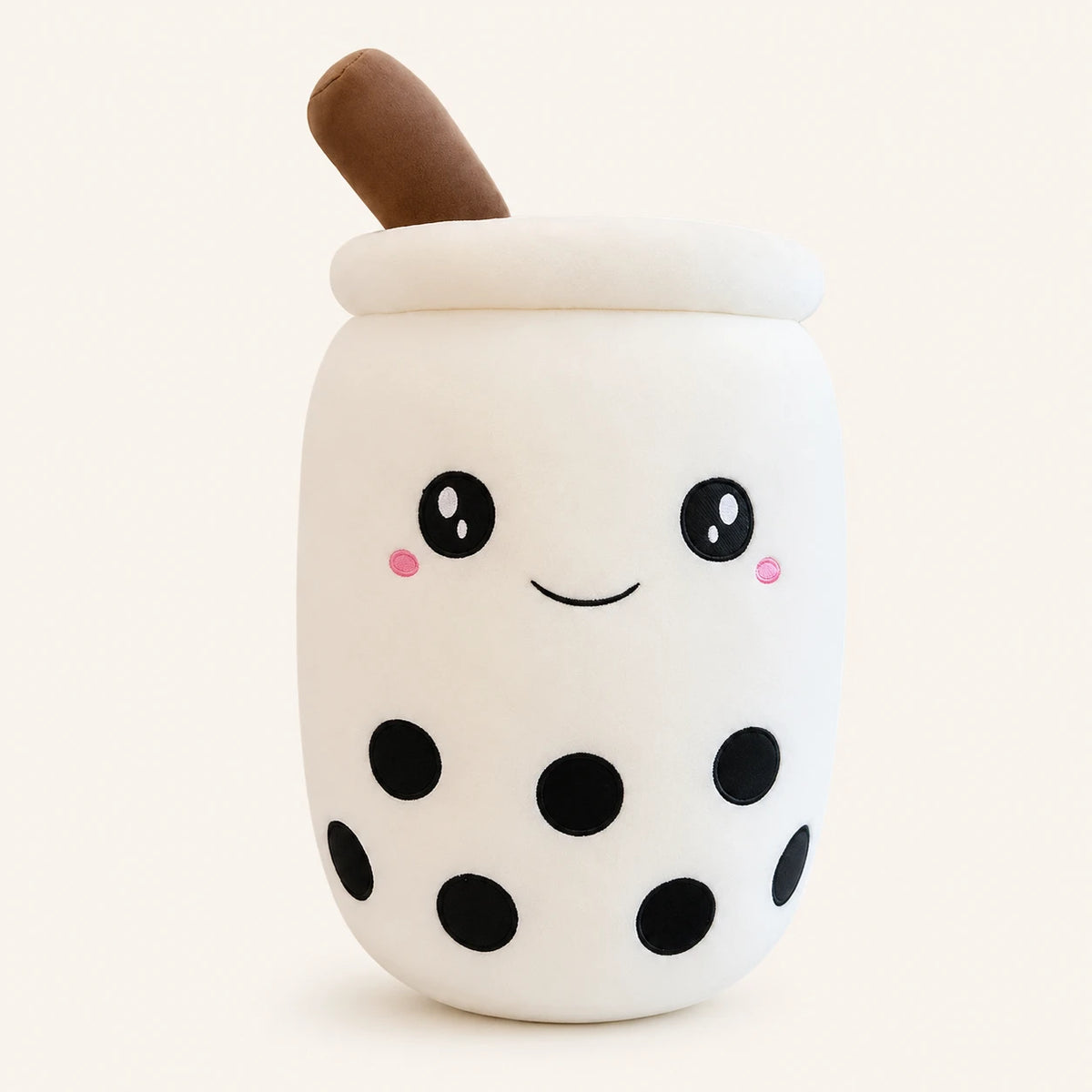 Peluche coussin bubble tea boba blanc 24 cm, vue principale sur fond ivoire