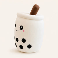 Peluche bubble tea boba blanc vue de trois-quarts sur fond ivoire