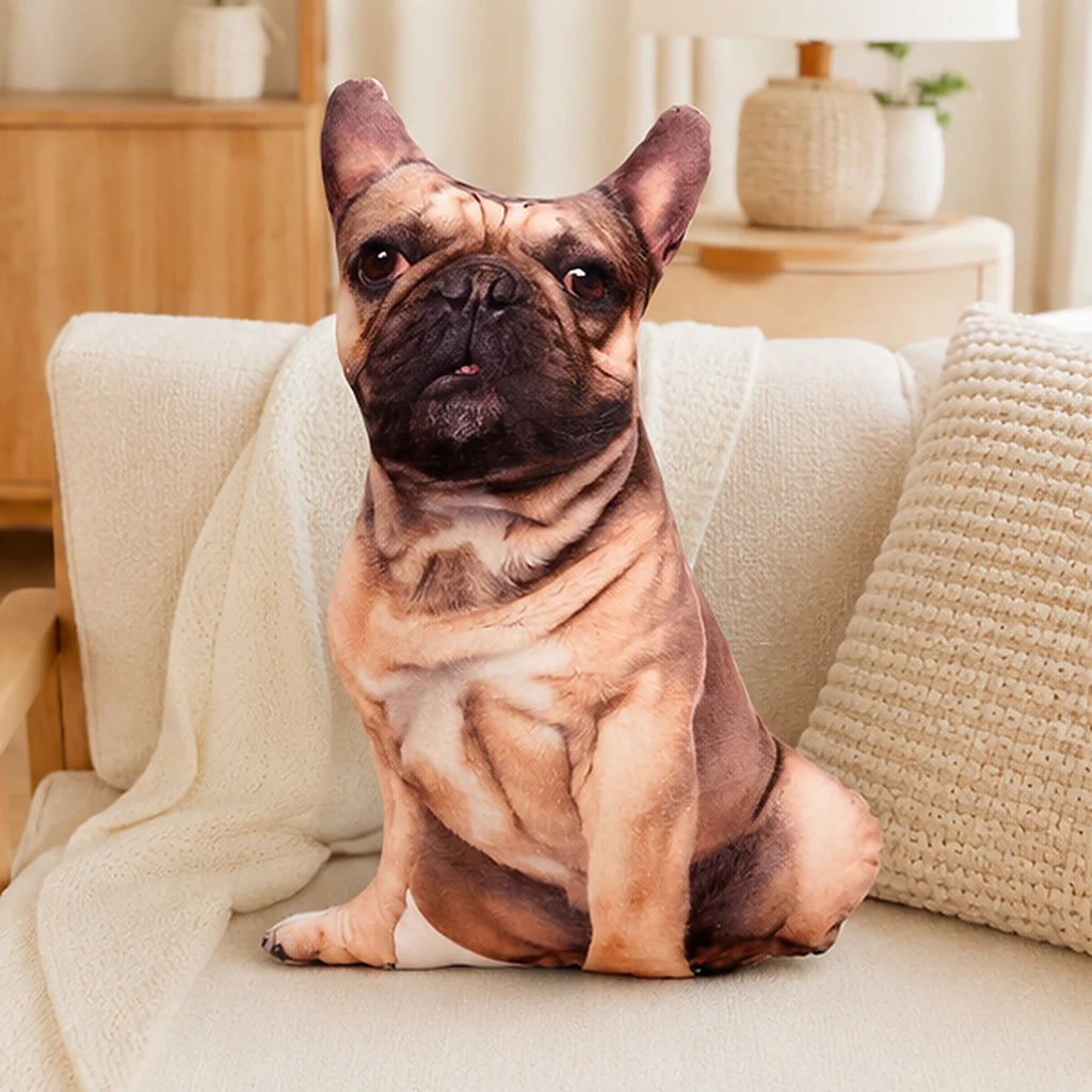 Coussin peluche bouledogue français — mise en situation