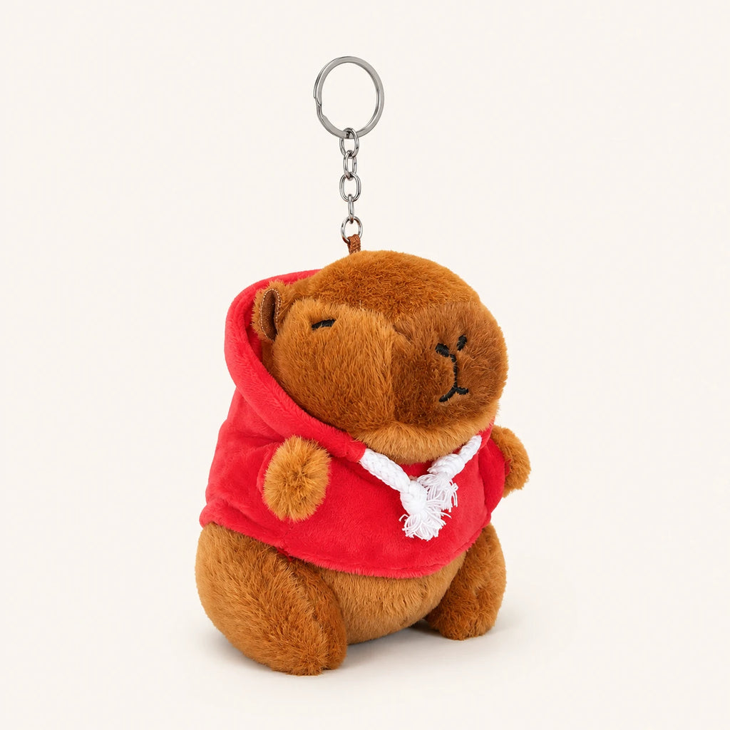Peluche porte-clés capybara à capuche rouge, vue de face