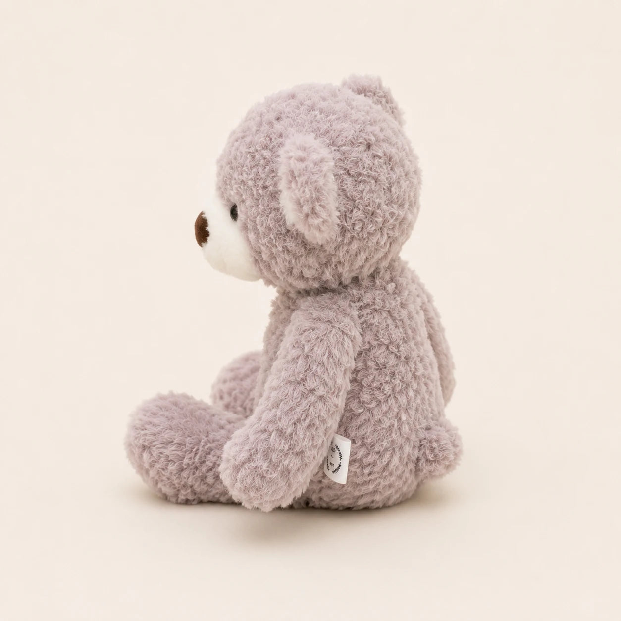 Ours en peluche gris-taupe vu de profil sur fond ivoire