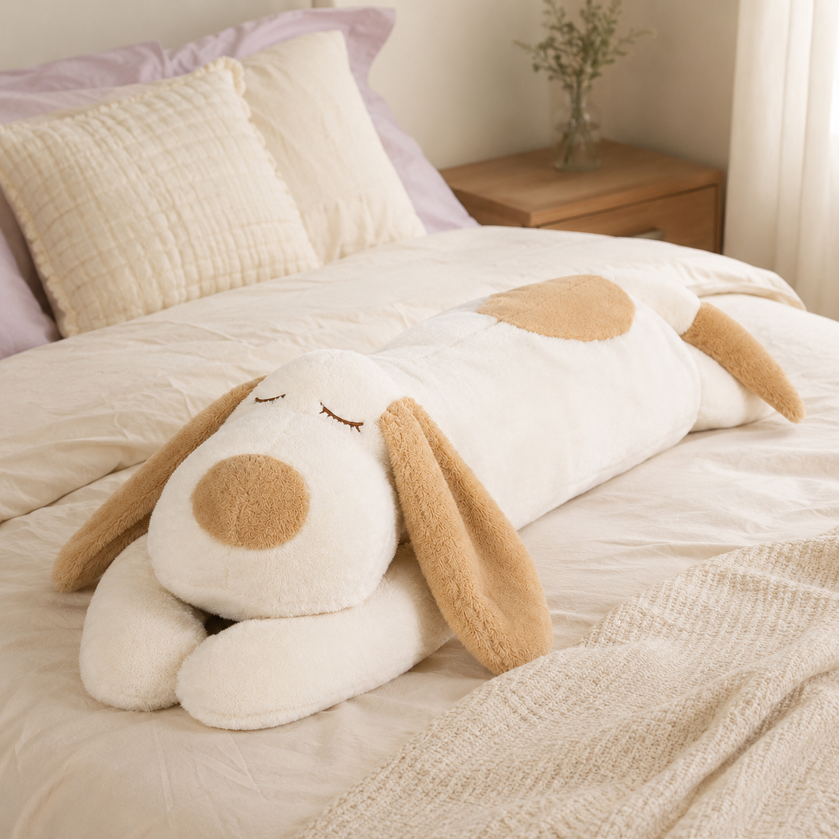 Peluche chien allongé en situation sur un lit cosy