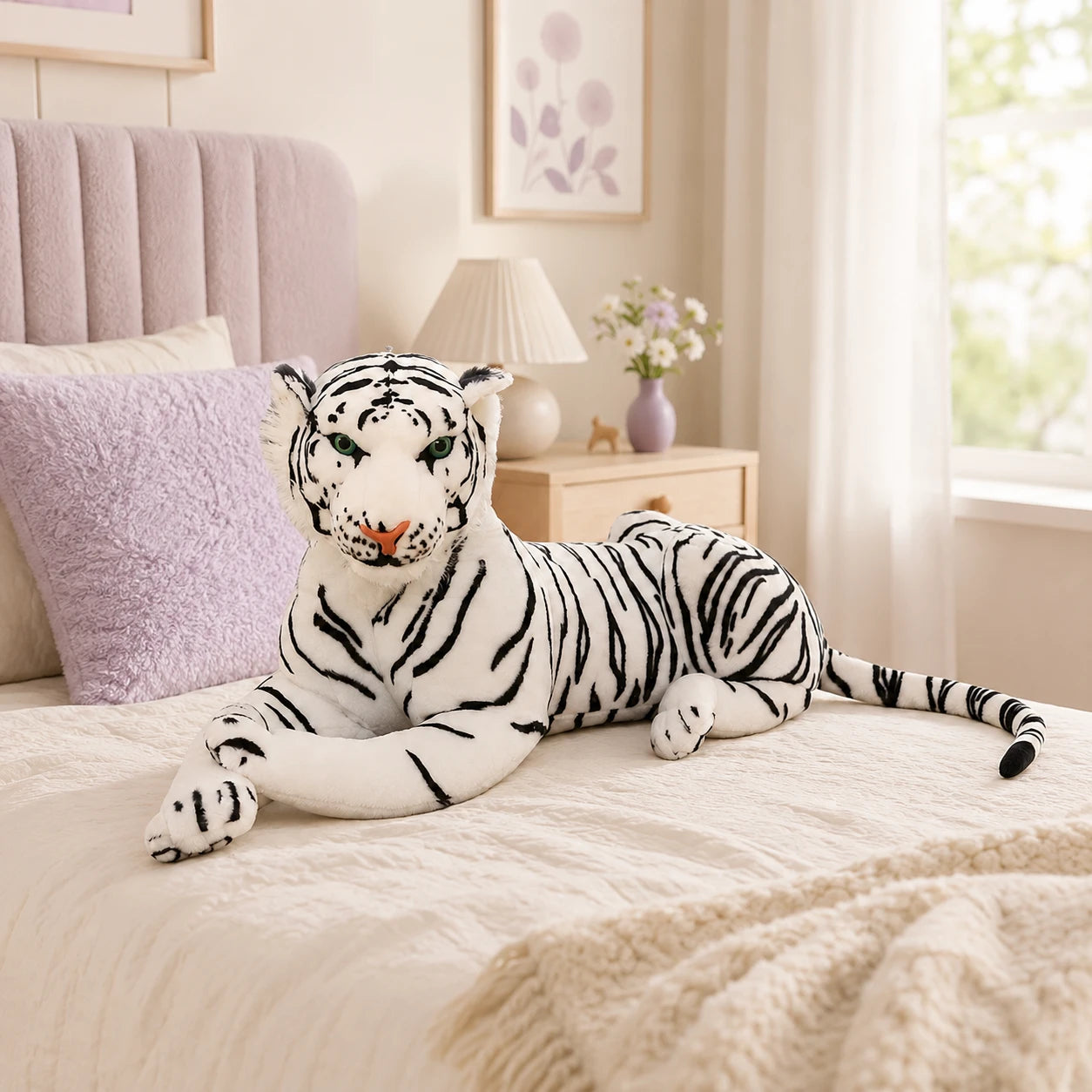 Peluche tigre blanc posée sur un lit dans une chambre douce
