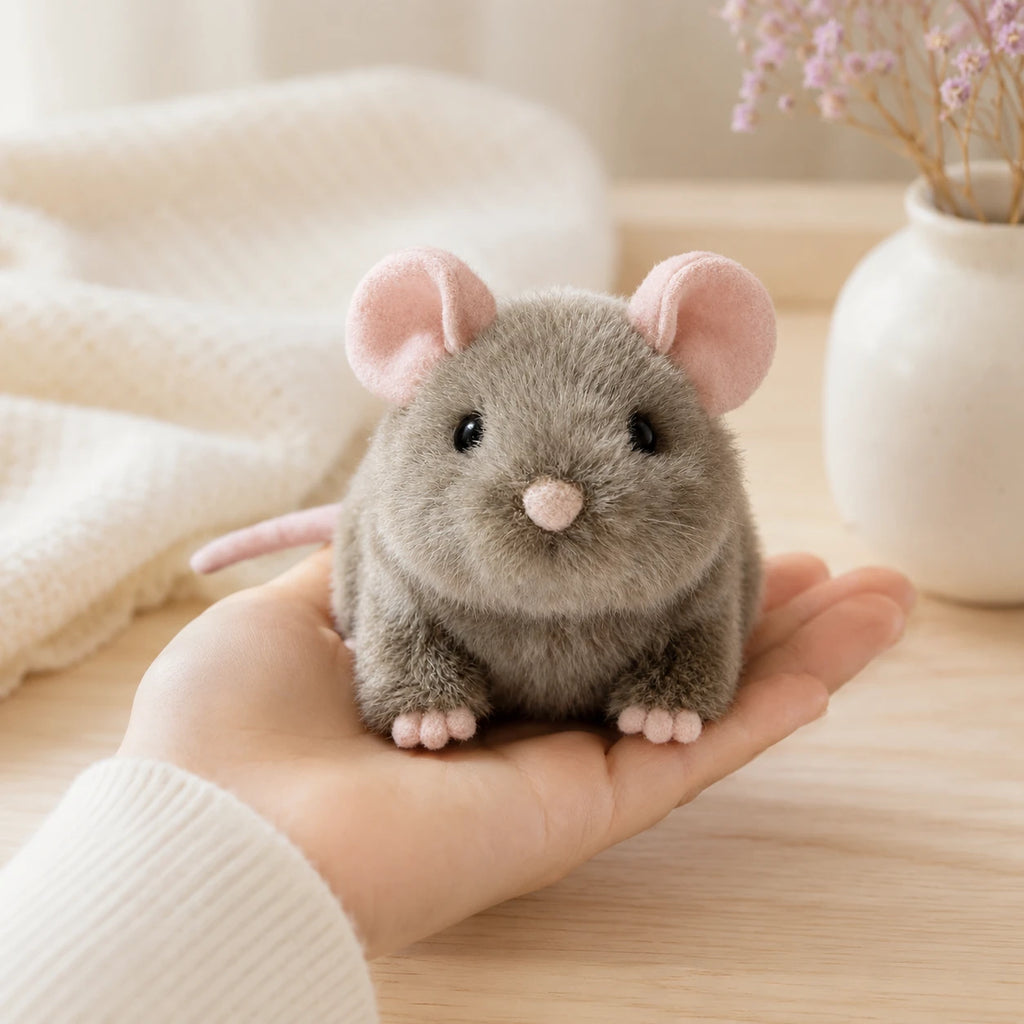 Peluche souris grise posée dans une main sur une table
