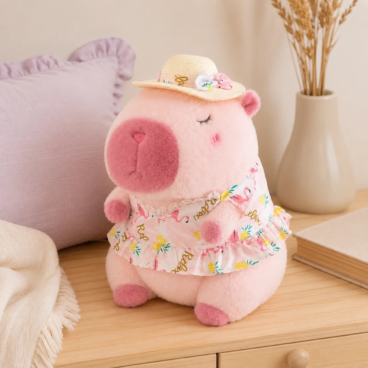 Peluche capybara posée sur une commode, ambiance douce