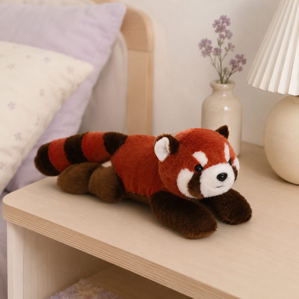 Peluche panda roux posée sur une table de chevet, ambiance douce