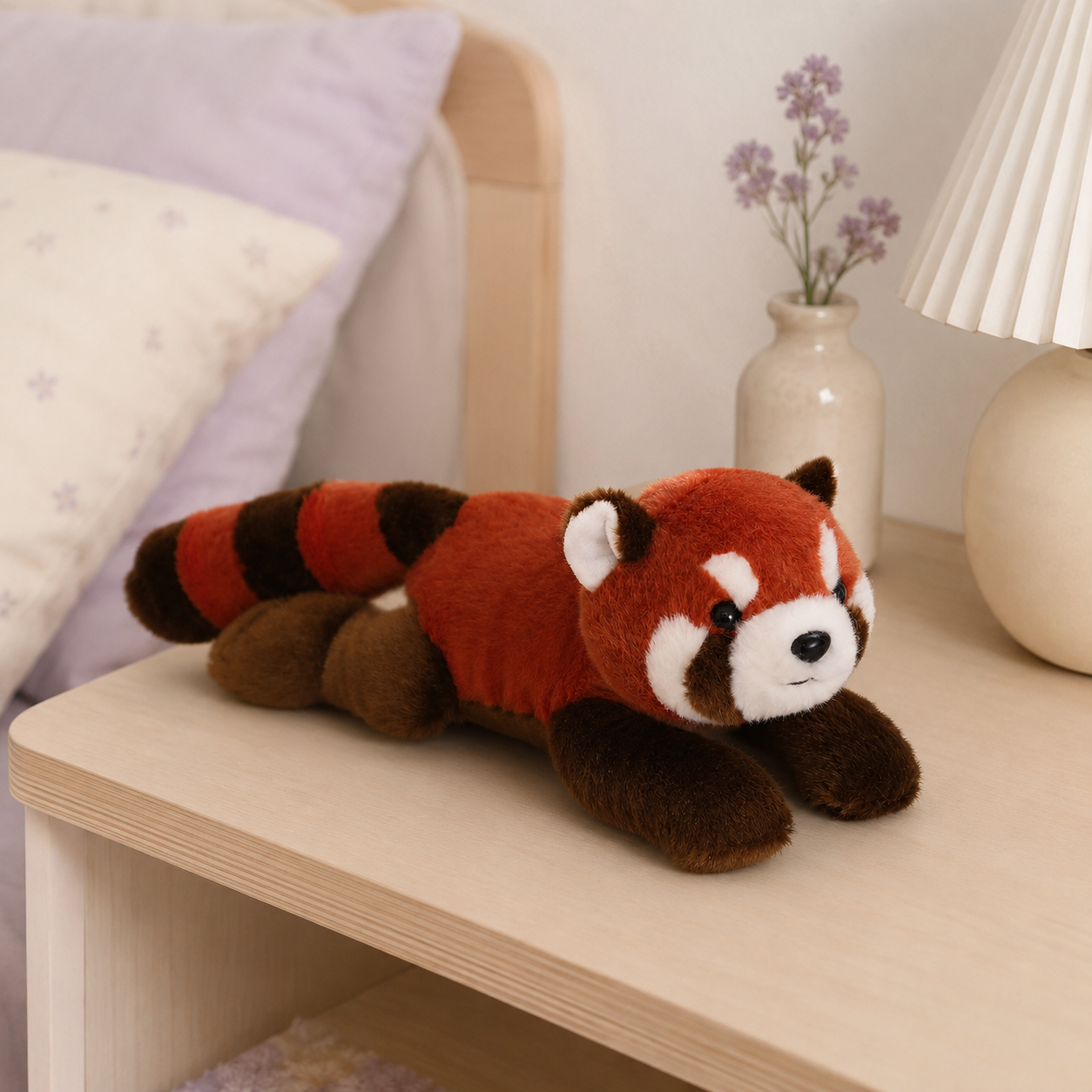 Peluche panda roux posée sur une table de chevet, ambiance douce