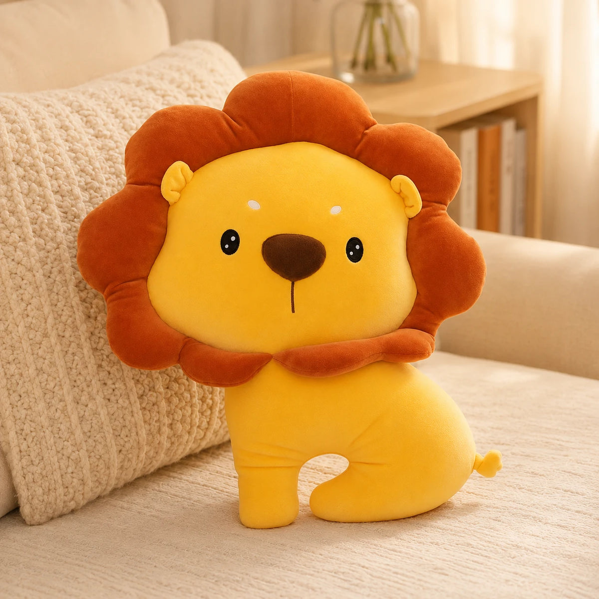 Coussin peluche lion posé en situation sur un canapé cosy
