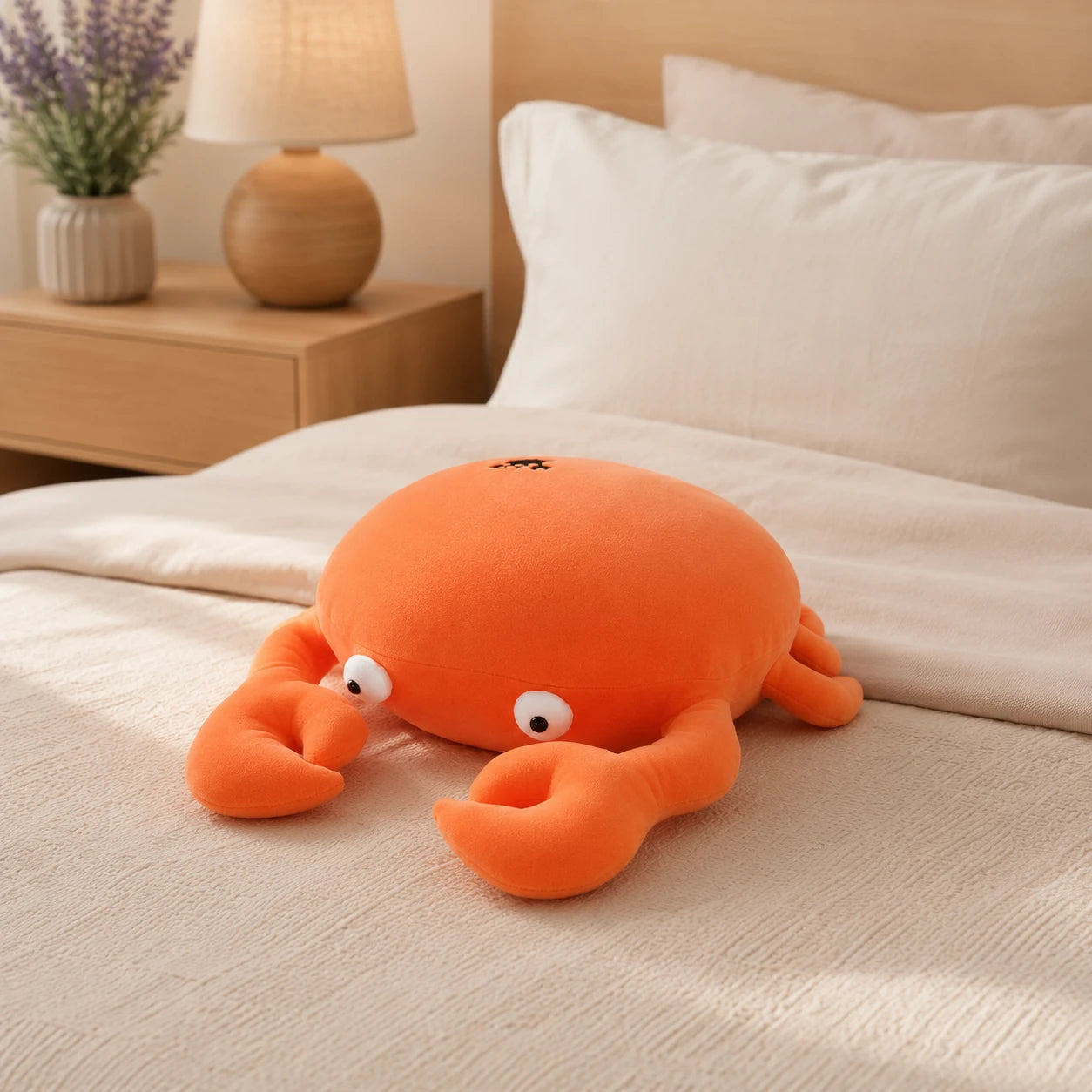 Coussin peluche crabe orange - mise en situation
