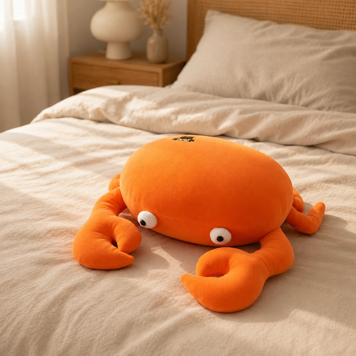 Coussin peluche crabe orange - mise en situation