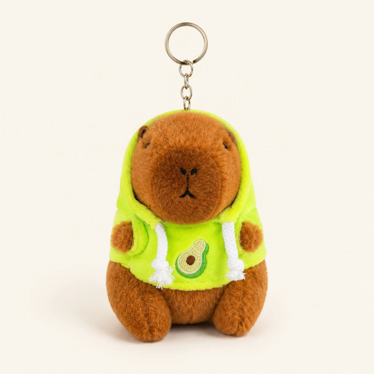 Peluche porte-clés capybara à capuche verte avocat, vue de face