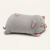 Peluche cochon dodu gris, vue de profil sur fond ivoire