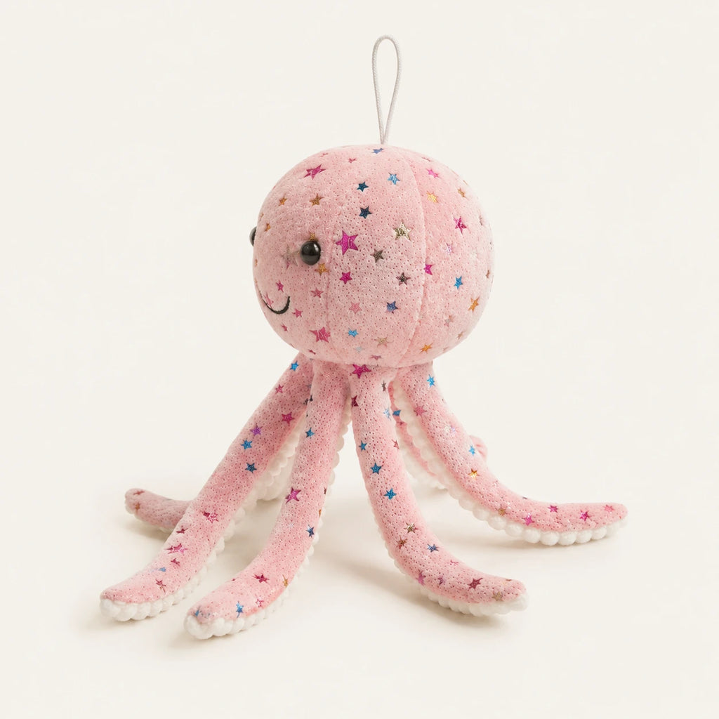 Peluche pieuvre rose, autre angle montrant les longues pattes