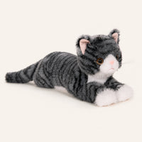Peluche chat gris tigré vue de côté, fond ivoire