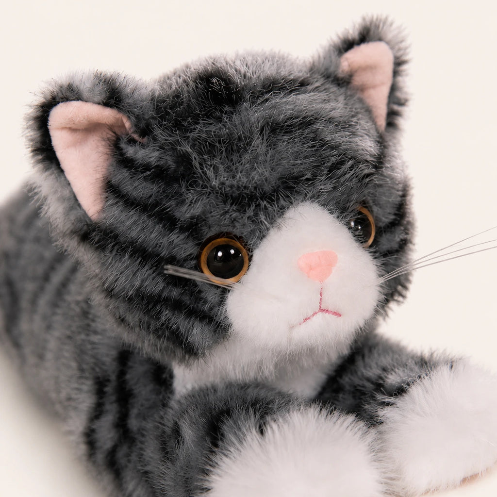 Gros plan du visage de la peluche chat gris tigré