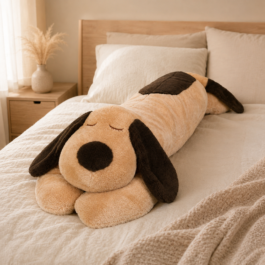 Peluche chien allongé en situation sur un lit cosy