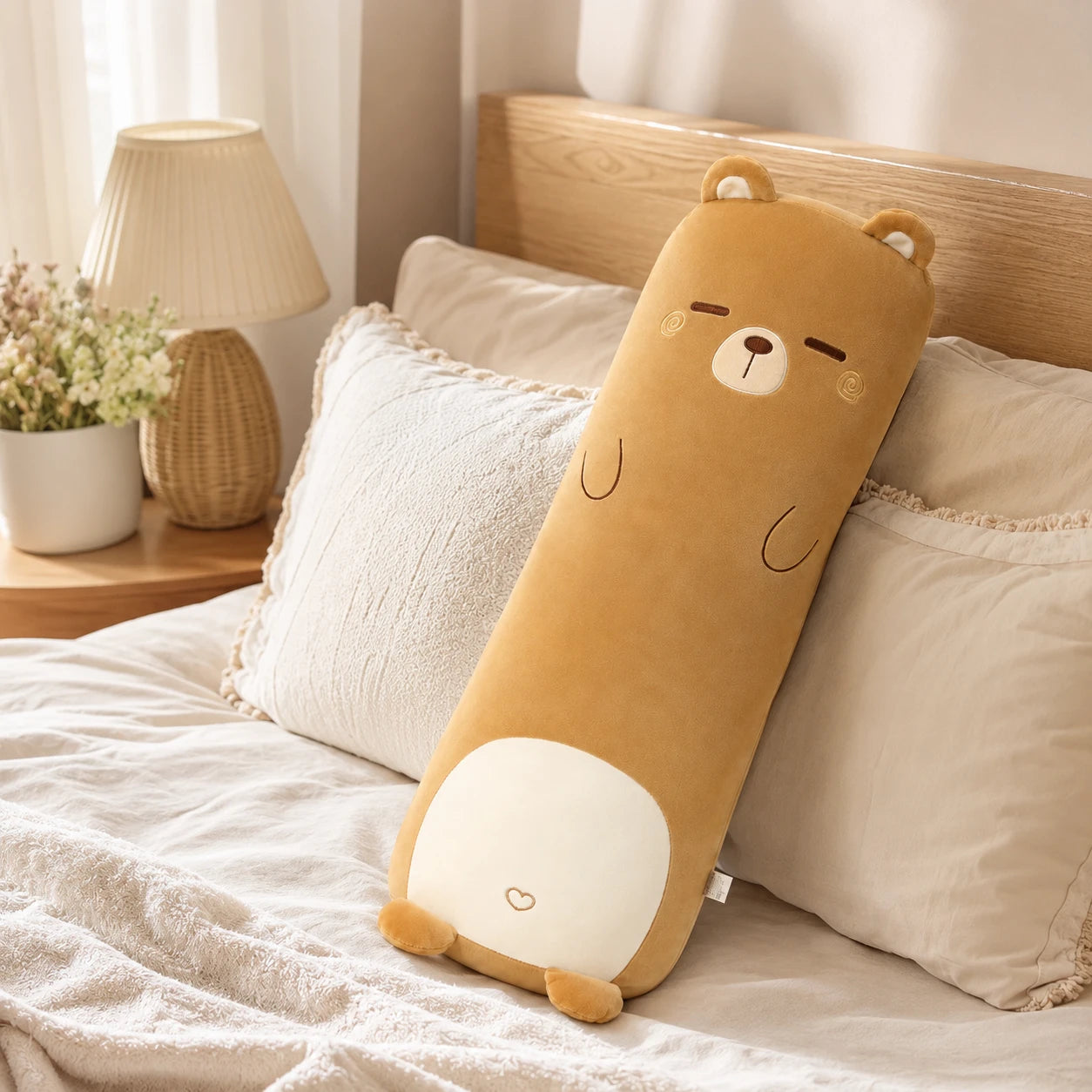 Coussin long peluche ours pose sur un lit douillet
