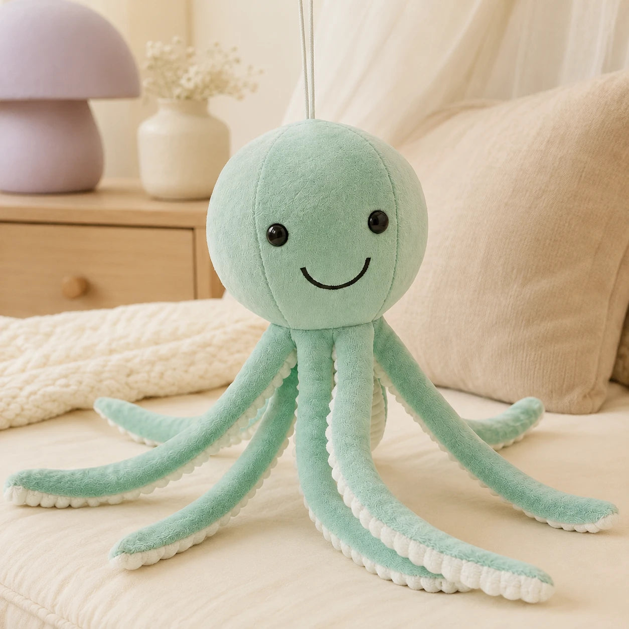 Peluche poulpe colorée pattes longues - mise en situation