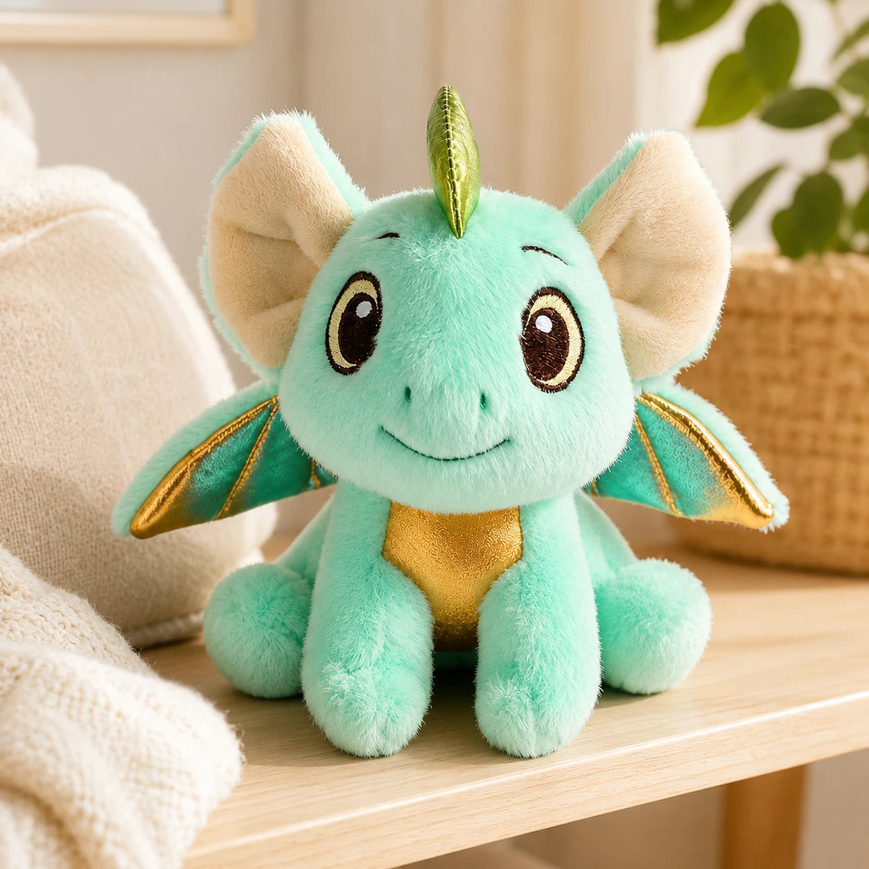 Peluche dragon posée sur une étagère en bois dans une ambiance douce et cosy