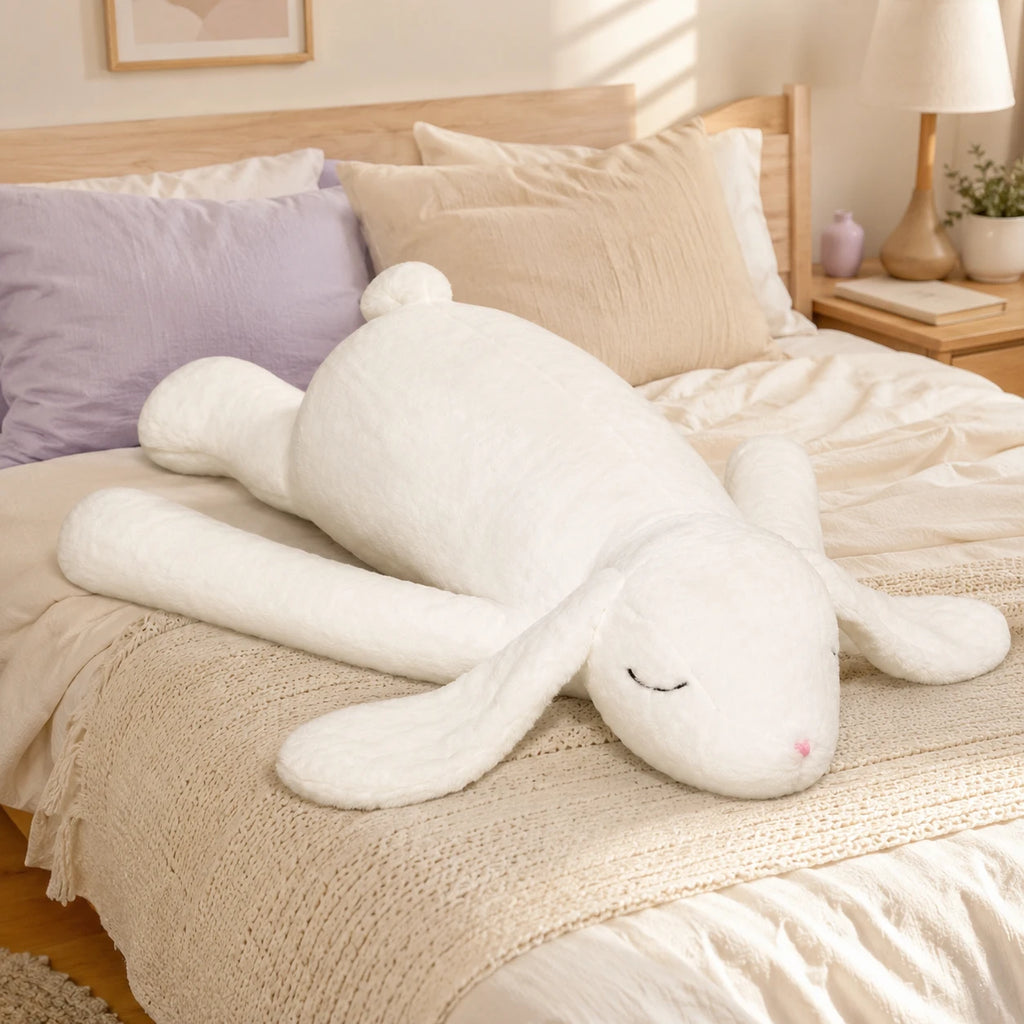 Peluche lapin géant blanc en situation sur un lit douillet