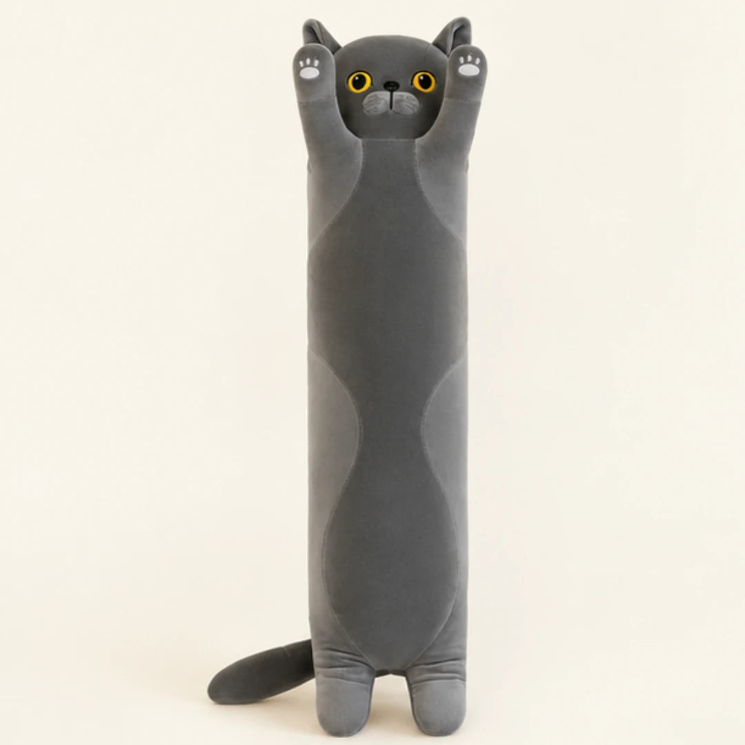 Peluche longue chat gris, vue de face sur fond ivoire